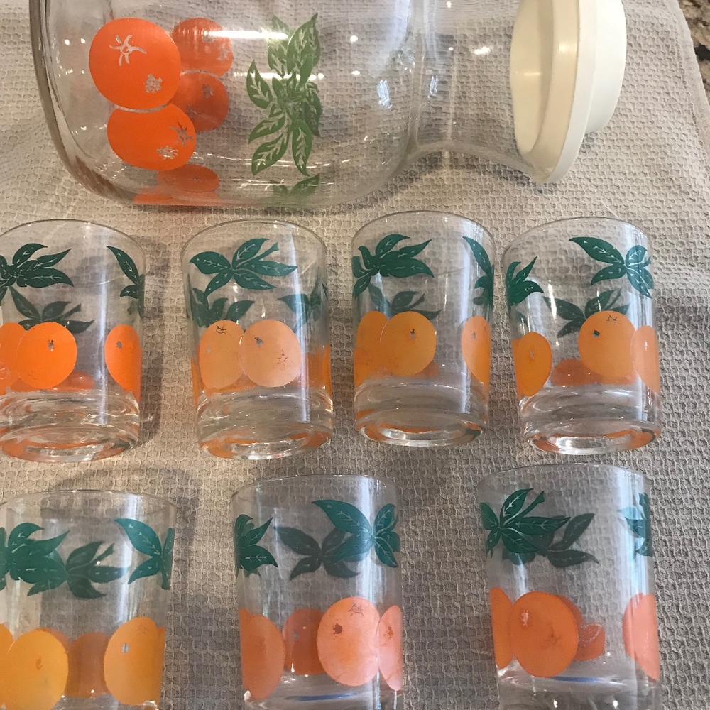 Anchor Hocking Orange Juice Carafe and 7 glasses